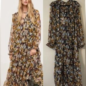 New MNG Mangp Juliet Black Sheer Floral Ruffle Marigold Maxi Dress XL/10 Boho